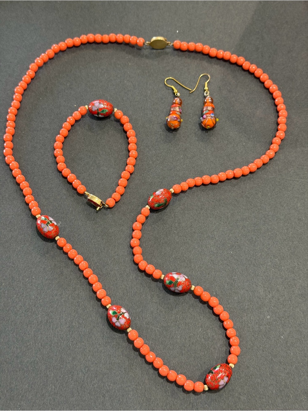 Orange Cloisonné Necklace-Bracelet-Earring Set Vintage wedding cake beads